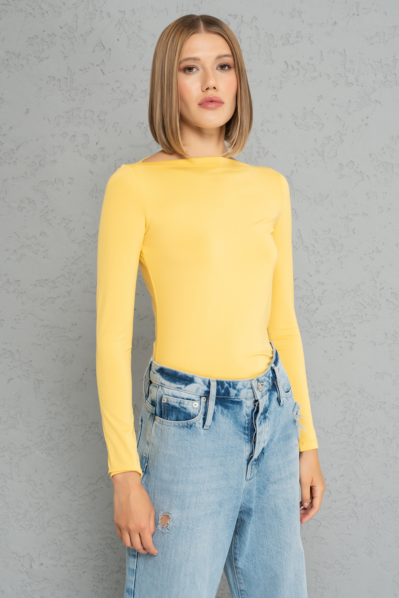 Boat Neck Long Sleeve Light yellow Top