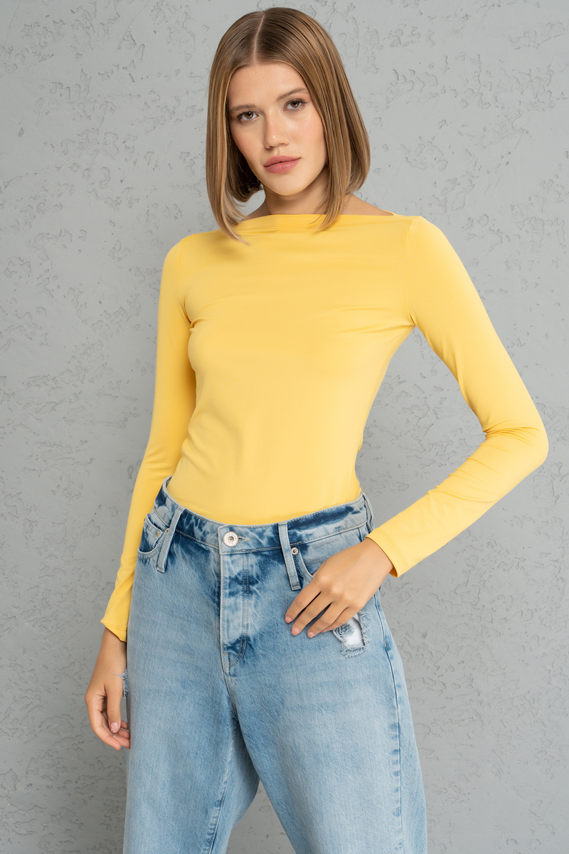 Boat Neck Long Sleeve Light yellow Top