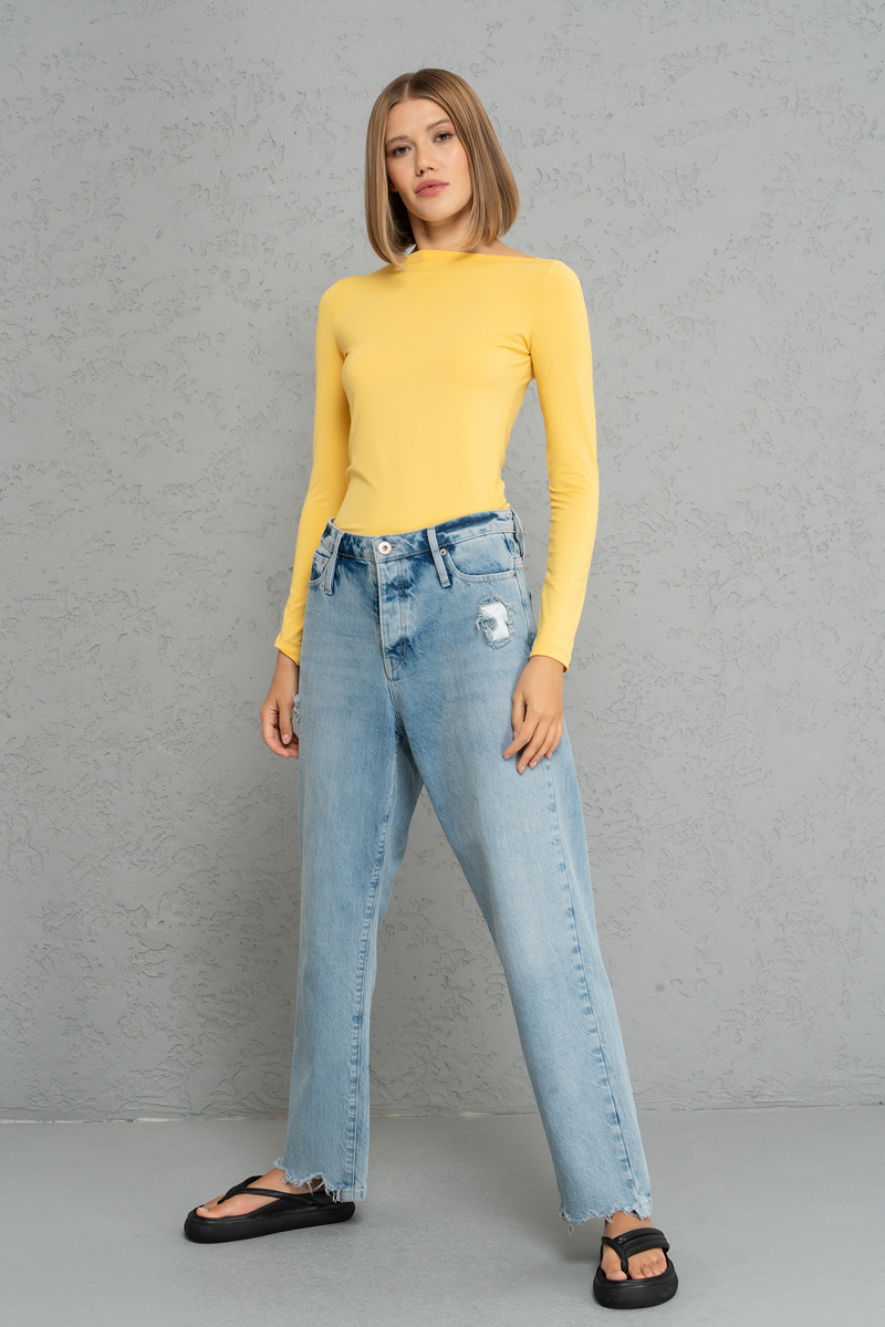 Boat Neck Long Sleeve Light yellow Top