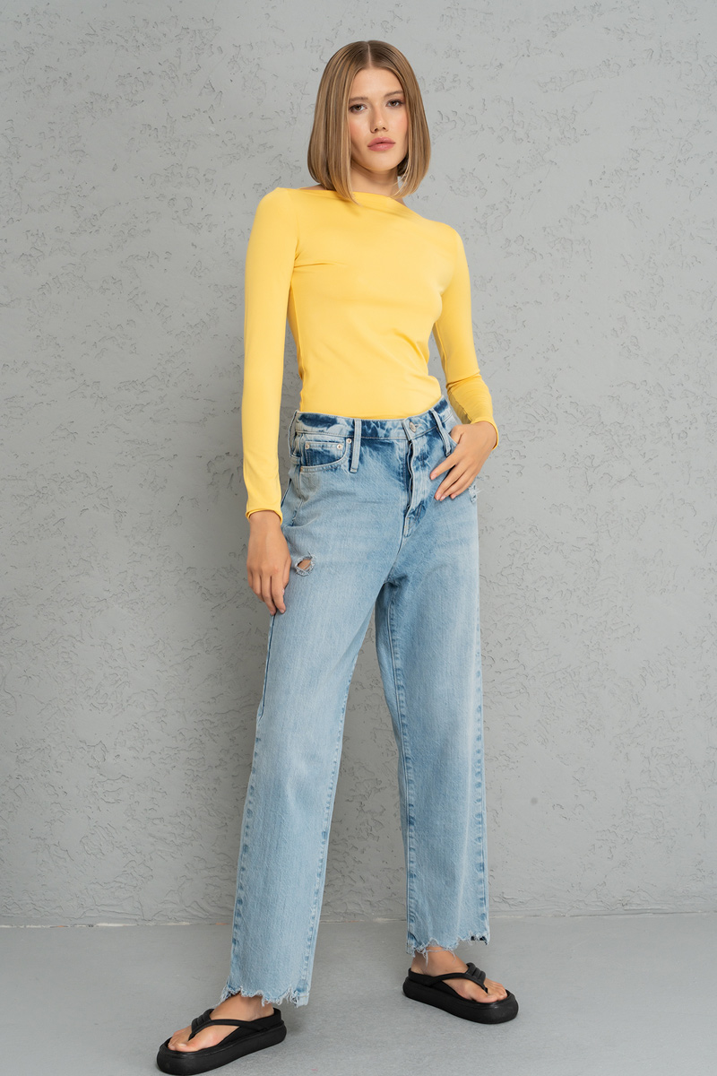 Boat Neck Long Sleeve Light yellow Top