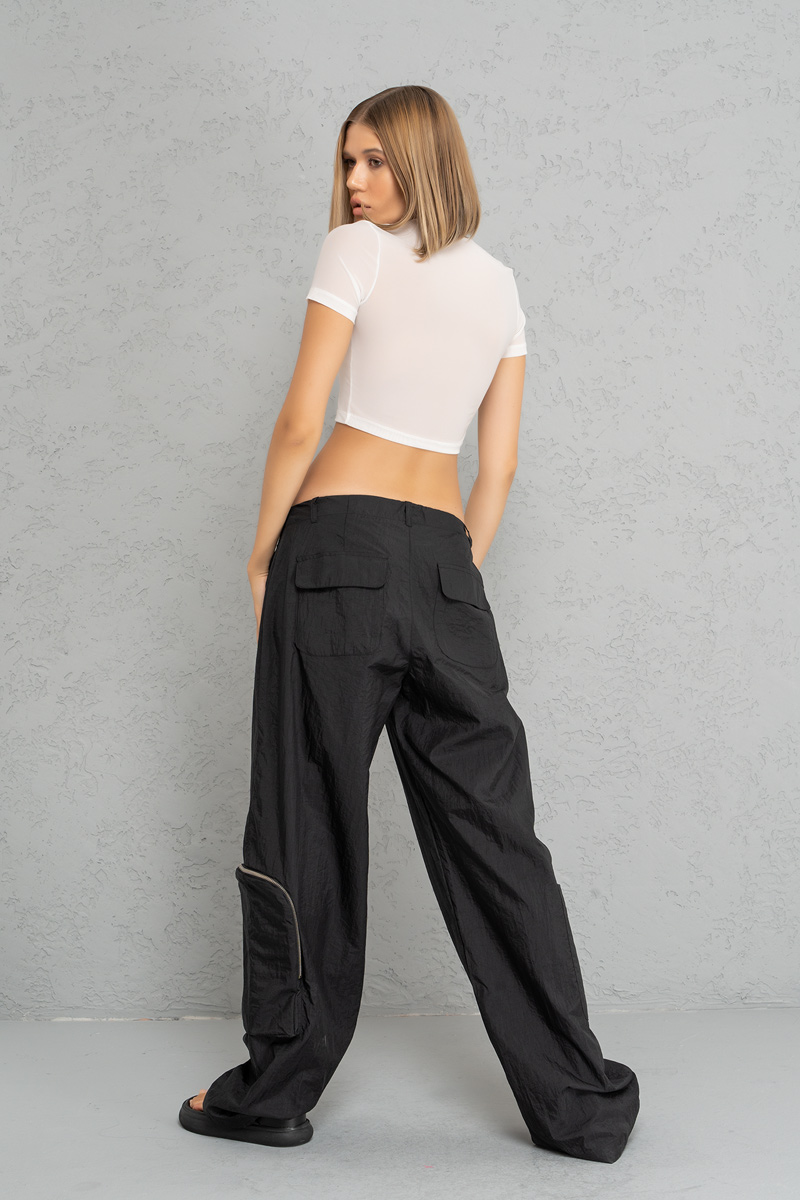 Siyah Yağmurluk Cepli Bol Pantolon