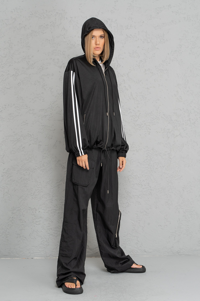 Siyah Yağmurluk Cepli Bol Pantolon