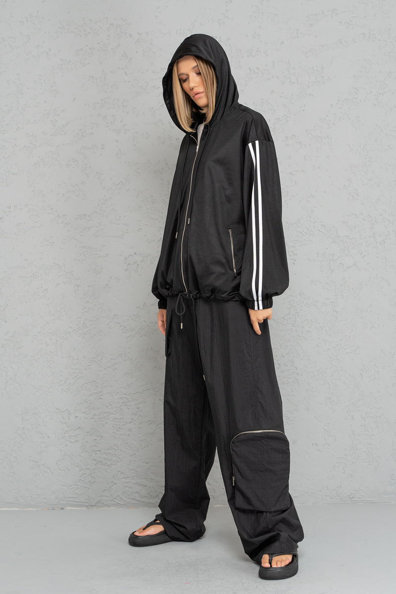 Siyah Yağmurluk Cepli Bol Pantolon