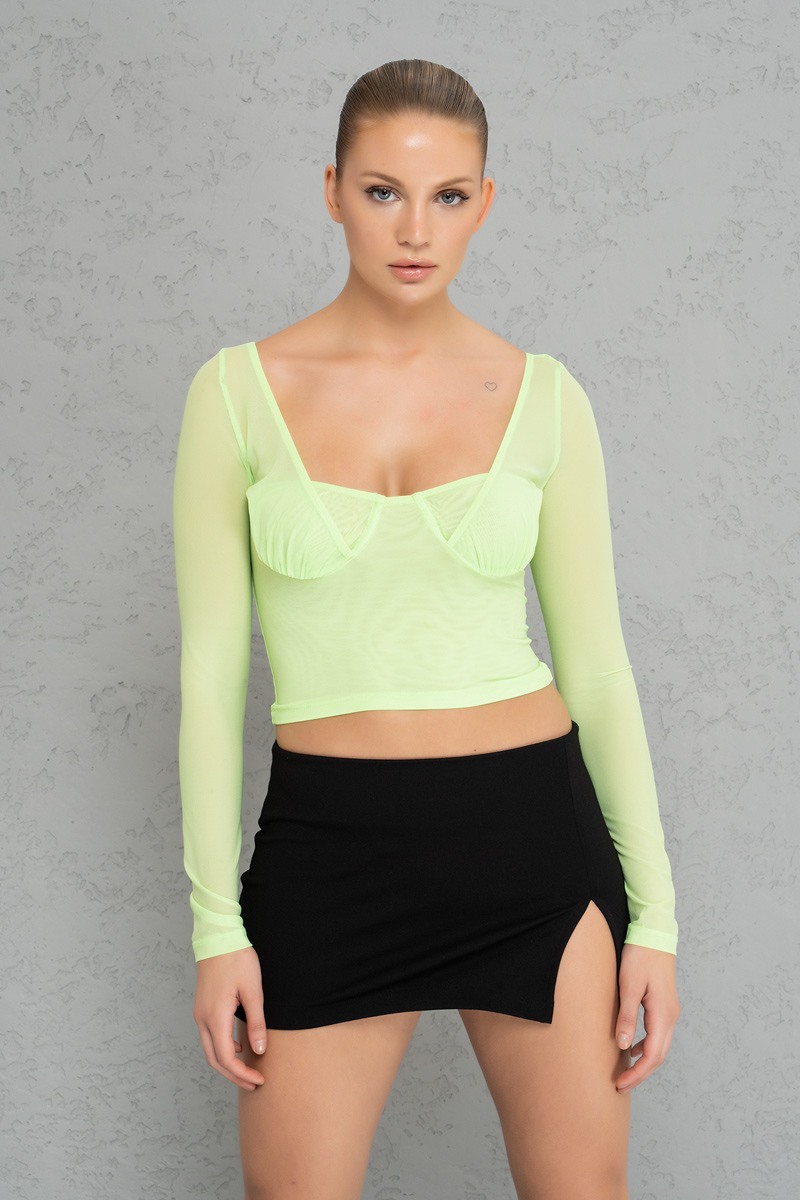 Neon Green Crop Tül Bluz