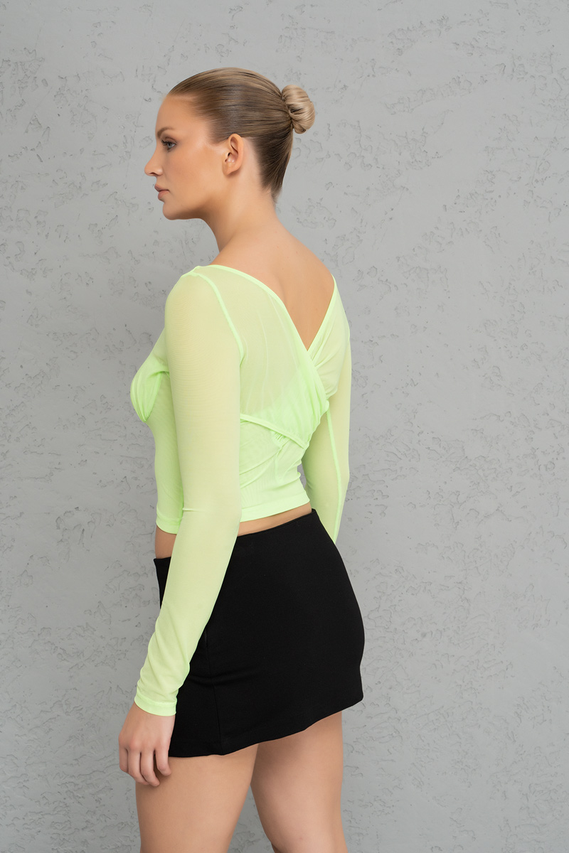 Neon Green Crop Tül Bluz