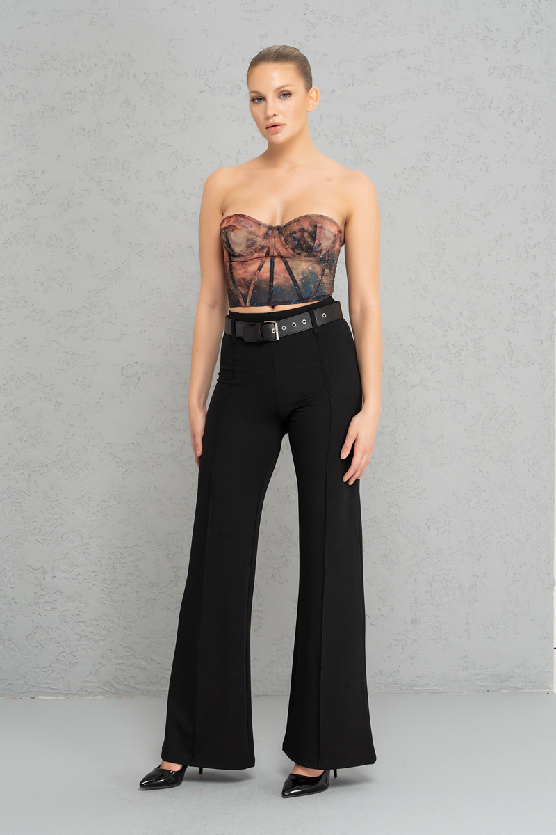 Kemerli Siyah Krep Pantolon