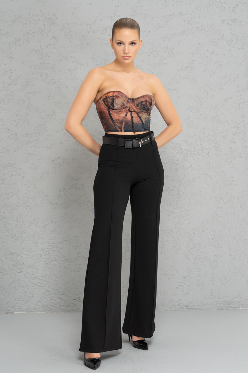 Kemerli Siyah Krep Pantolon