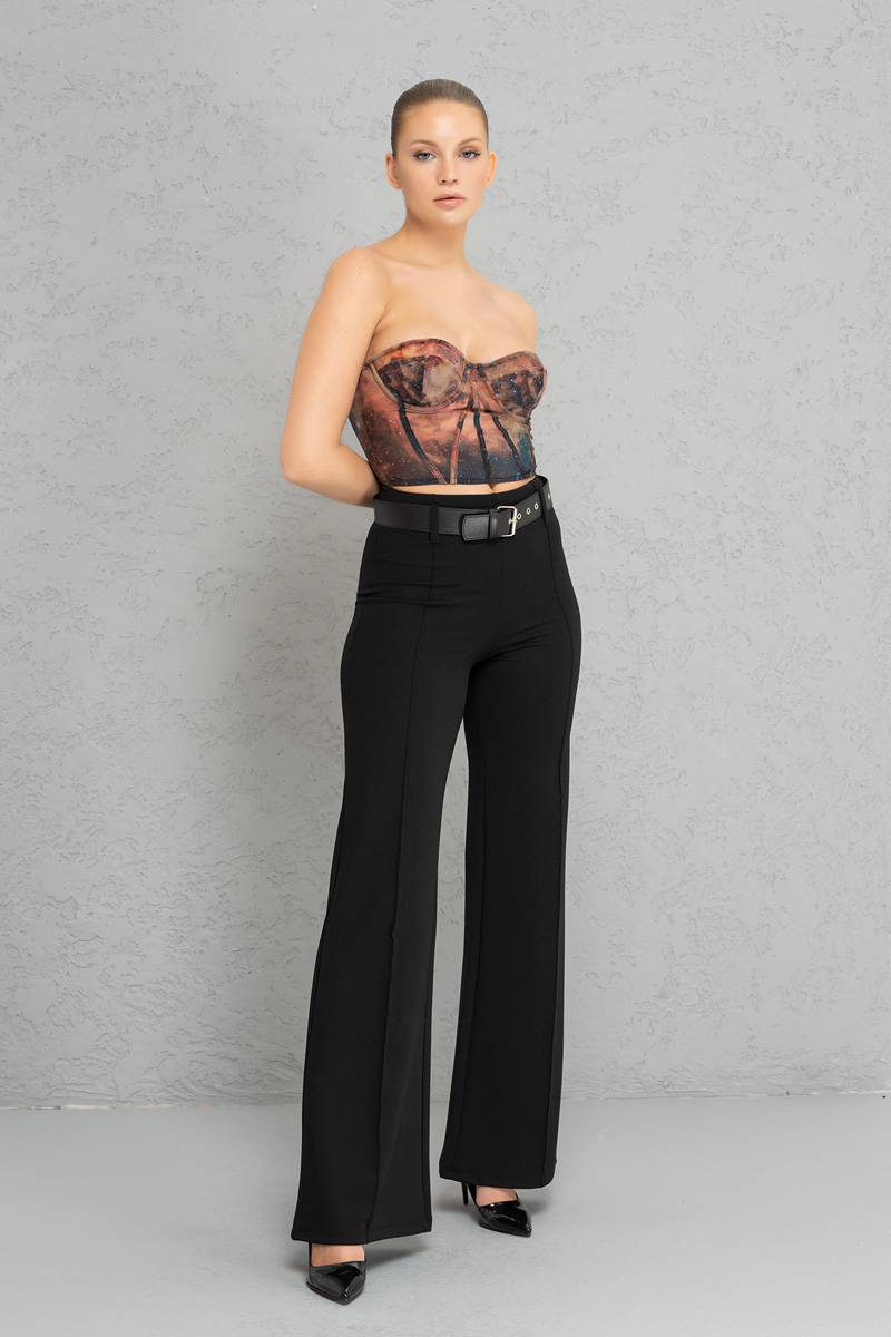 Kemerli Siyah Krep Pantolon