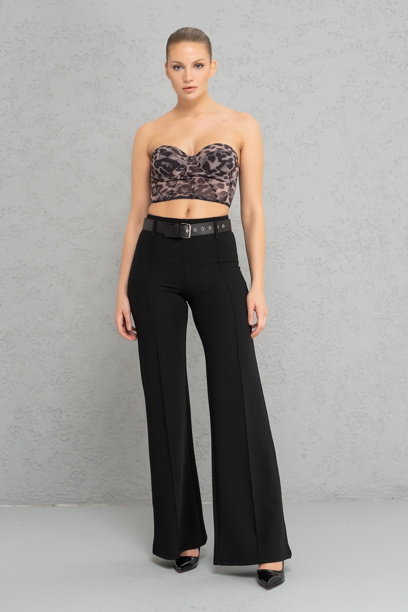Kemerli Siyah Krep Pantolon