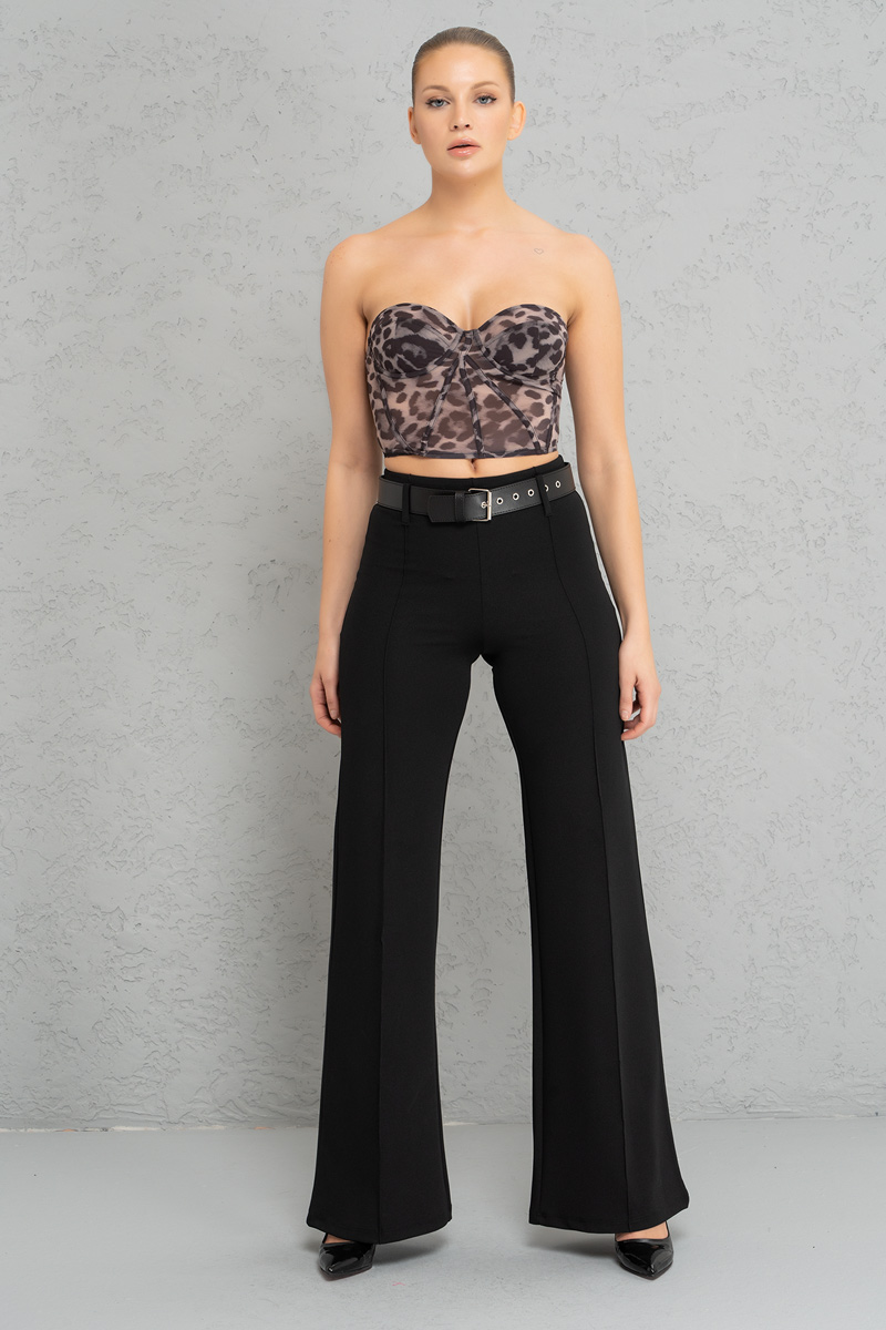 Kemerli Siyah Krep Pantolon