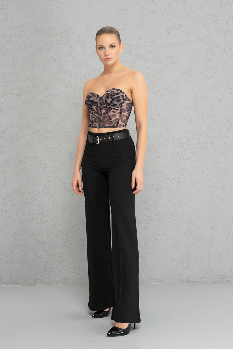 Kemerli Siyah Krep Pantolon