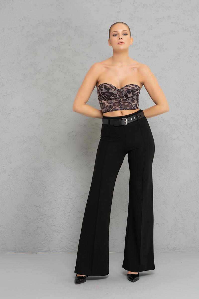 Kemerli Siyah Krep Pantolon