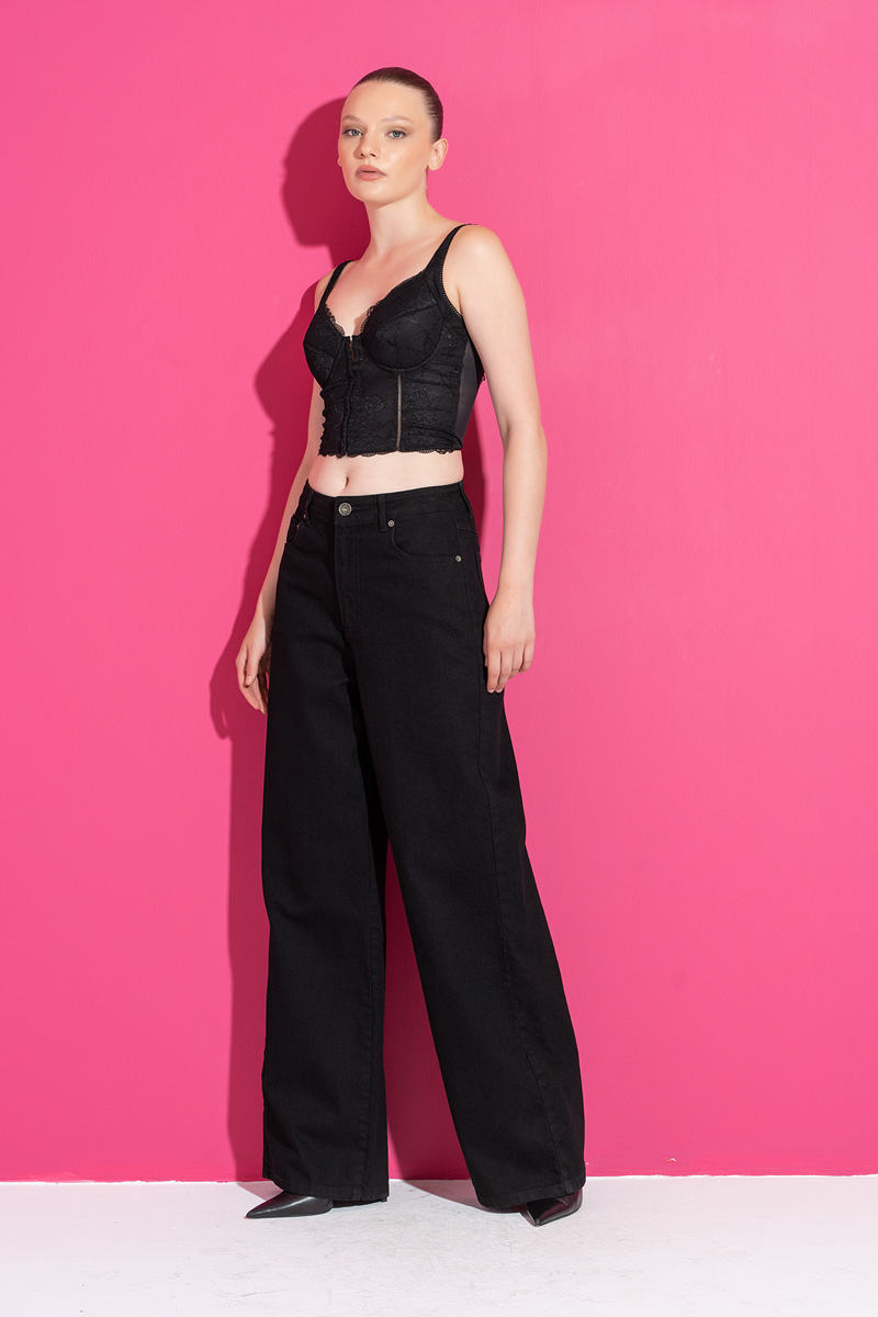 Siyah Yüksel Bel Bol Paça Kot Pantolon