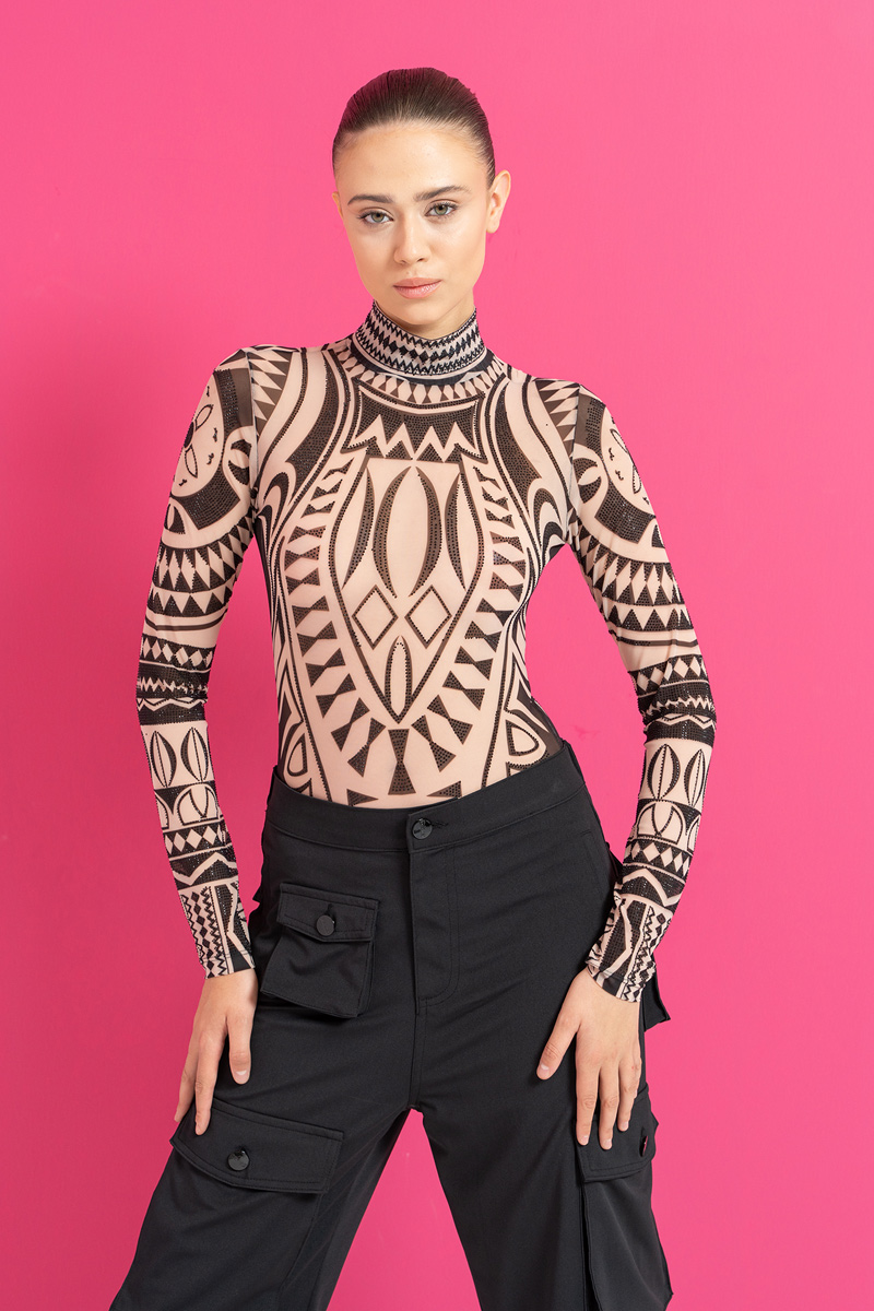 Nude-Black Balıkçı Yaka Taşlı Tül Bodysuit