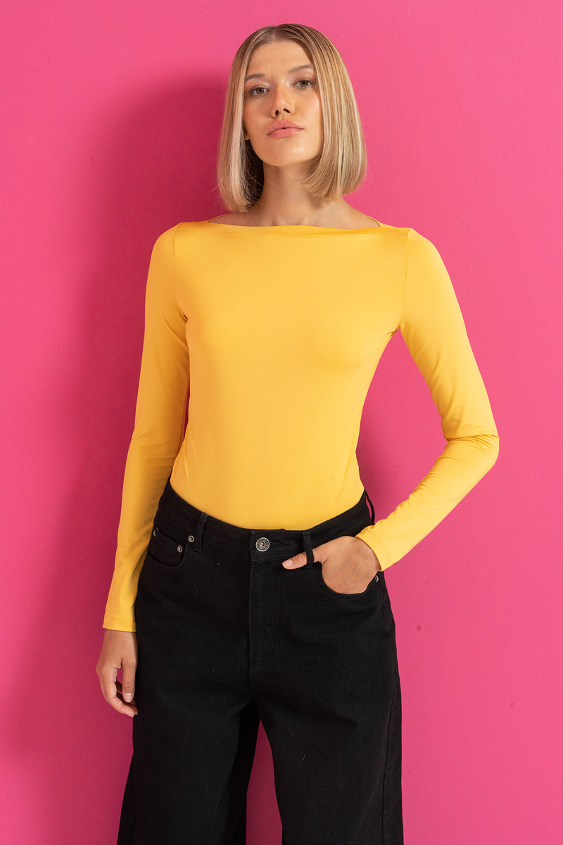 Boat Neck Long Sleeve Dark Yellow Top