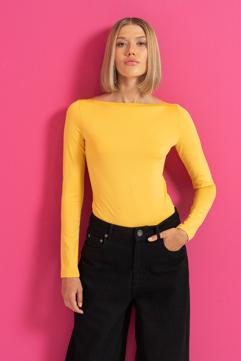 Boat Neck Long Sleeve Dark Yellow Top