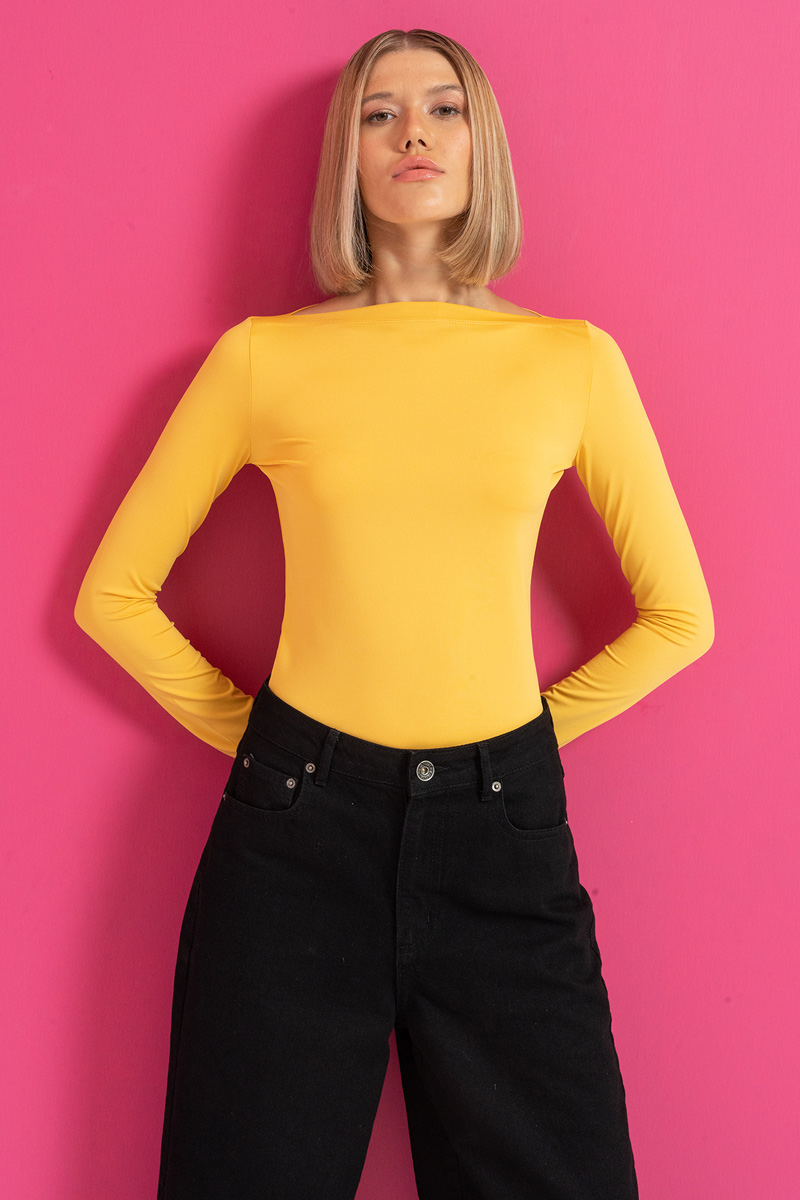 Boat Neck Long Sleeve Dark Yellow Top