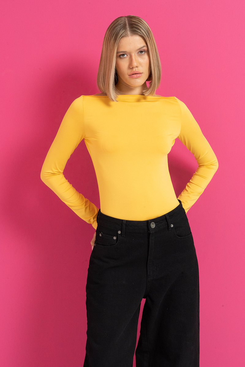 Boat Neck Long Sleeve Dark Yellow Top