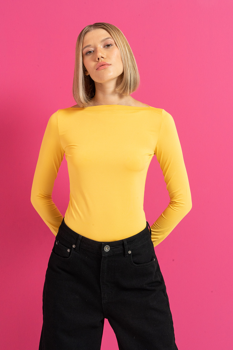 Boat Neck Long Sleeve Dark Yellow Top