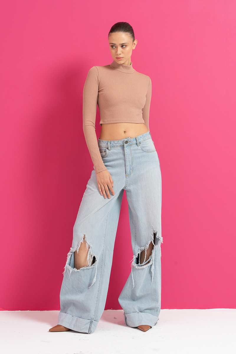 Caramel Ribbed Turtleneck Crop Top