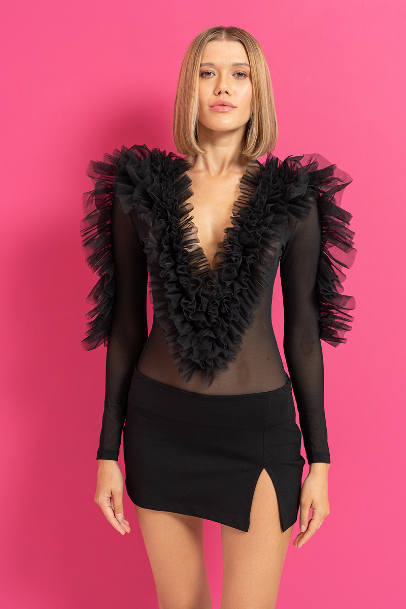 Ruffle-Trim Black Mesh Bodysuit
