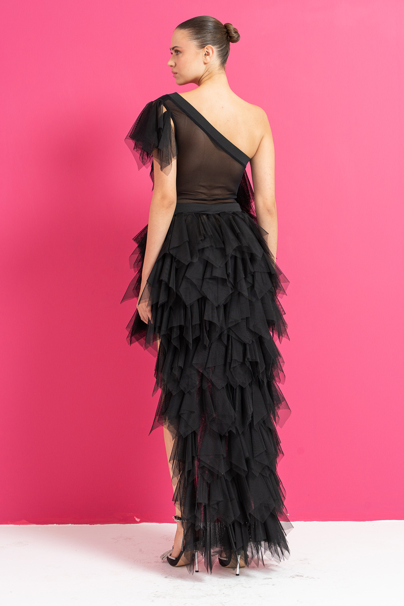 One Shoulder Ruffle Black Mini Tulle Dress | Kikiriki