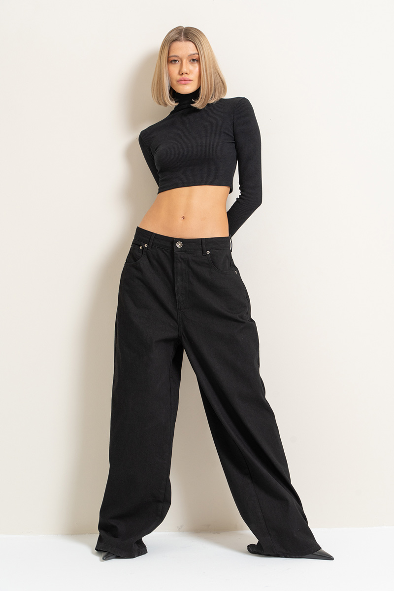 Siyah Bol Paça Kot Pantolon