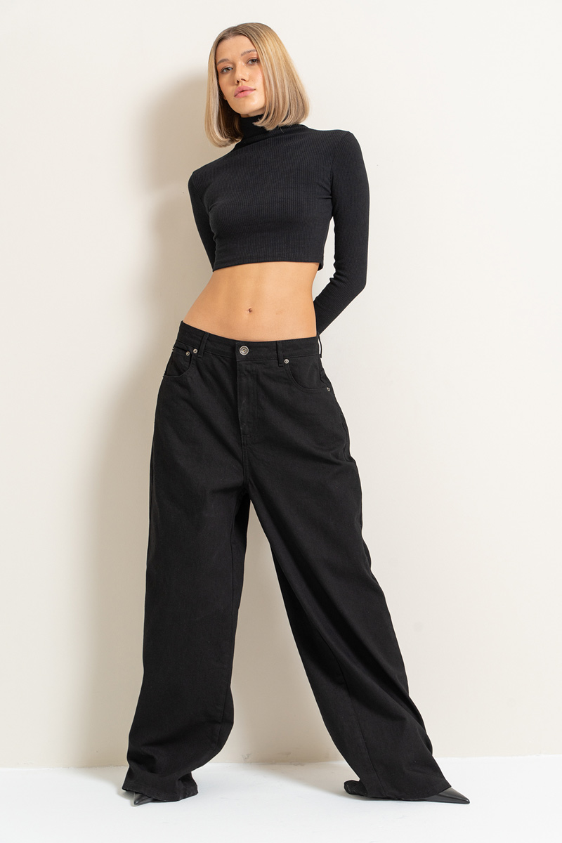 Siyah Bol Paça Kot Pantolon