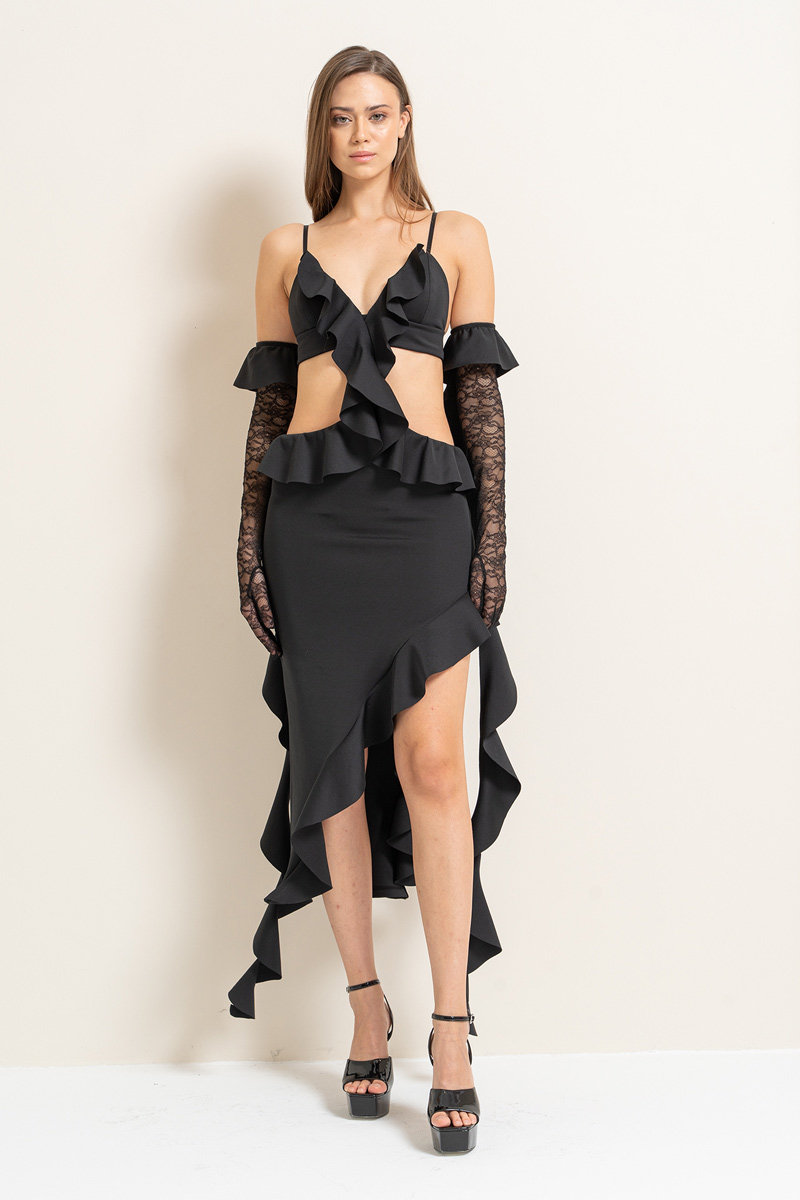 Siyah Dantel Eldivenli Askılı Volanlı Elbise