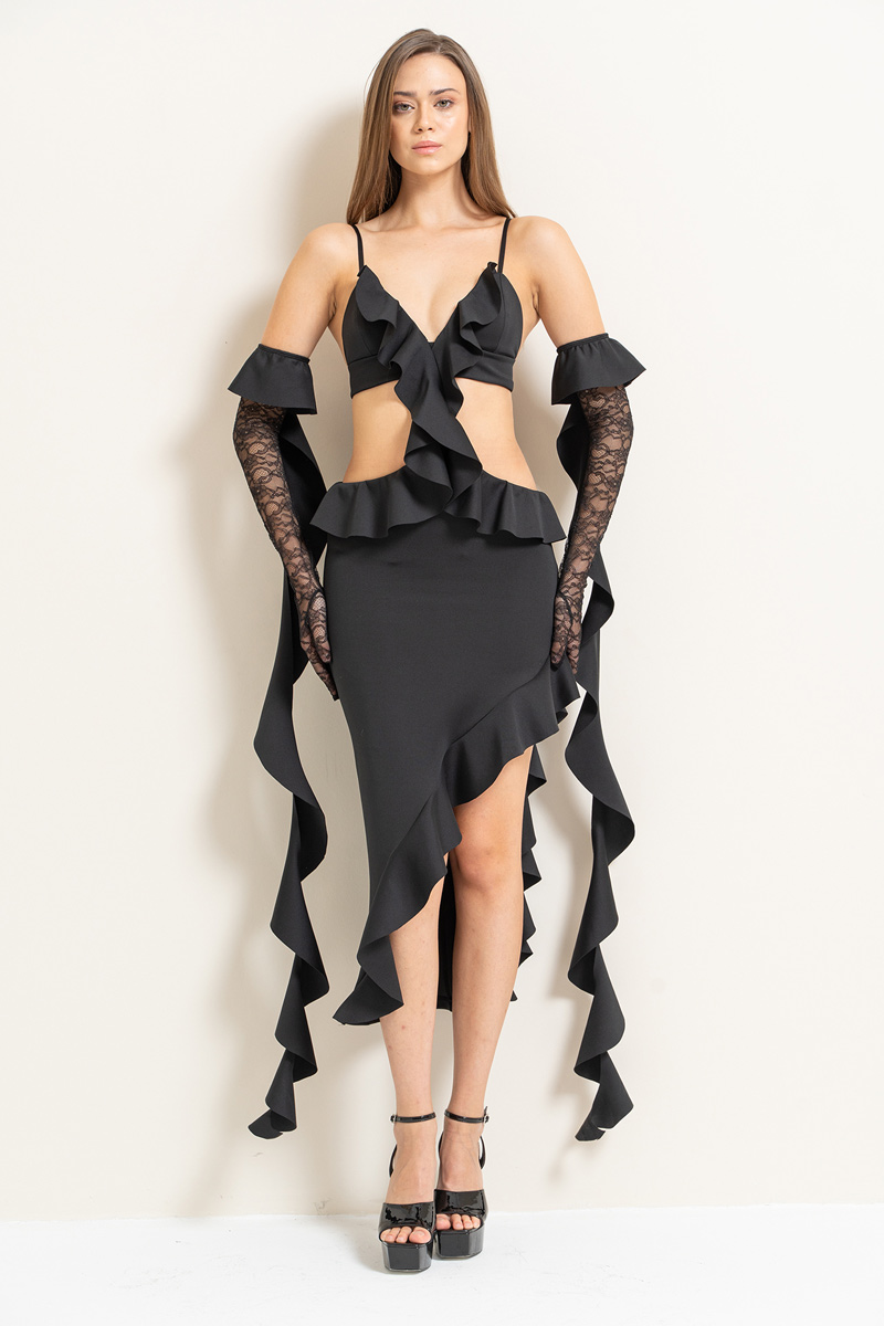 Siyah Dantel Eldivenli Askılı Volanlı Elbise