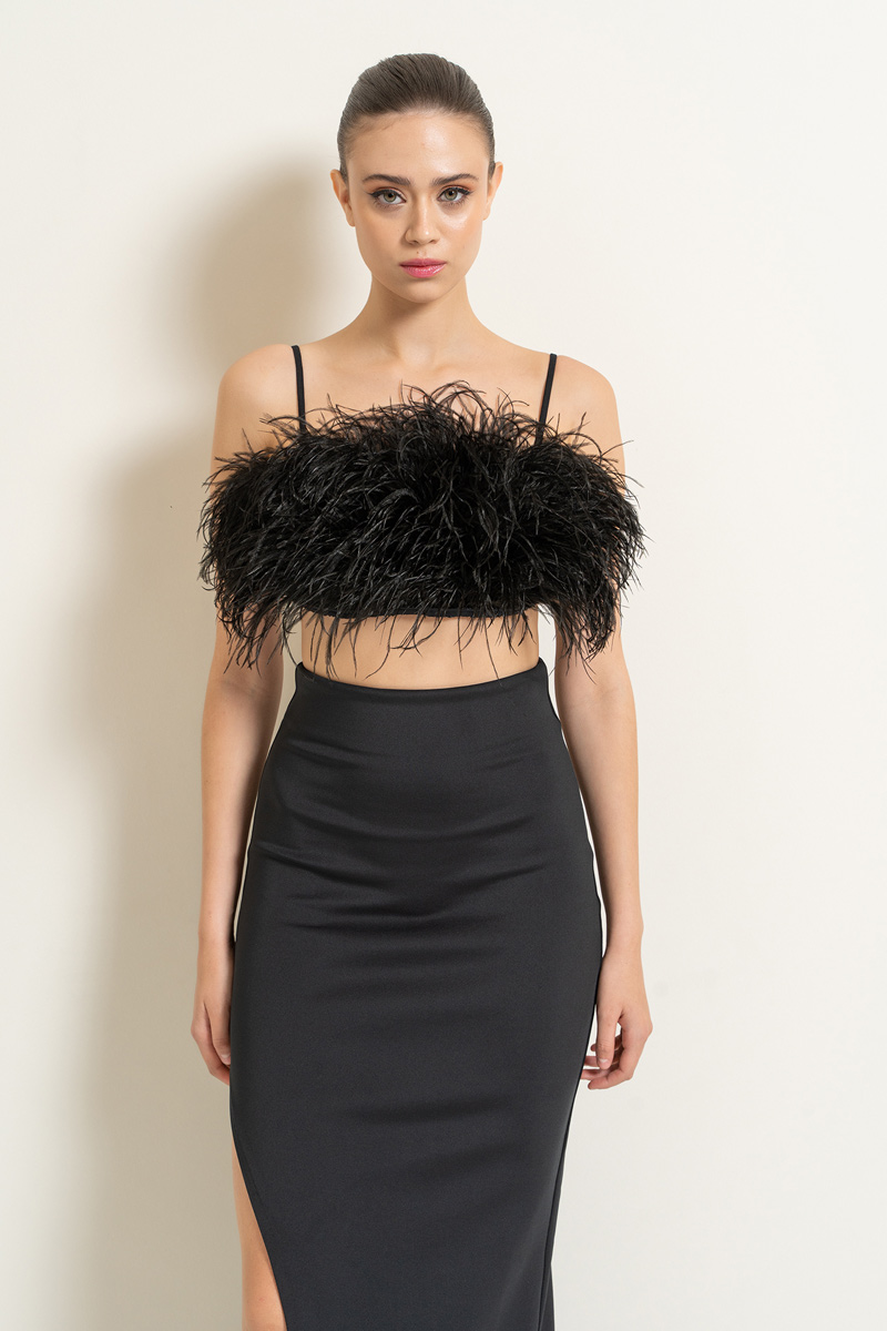 Siyah Askılı Tüylü Mini Büstiyer