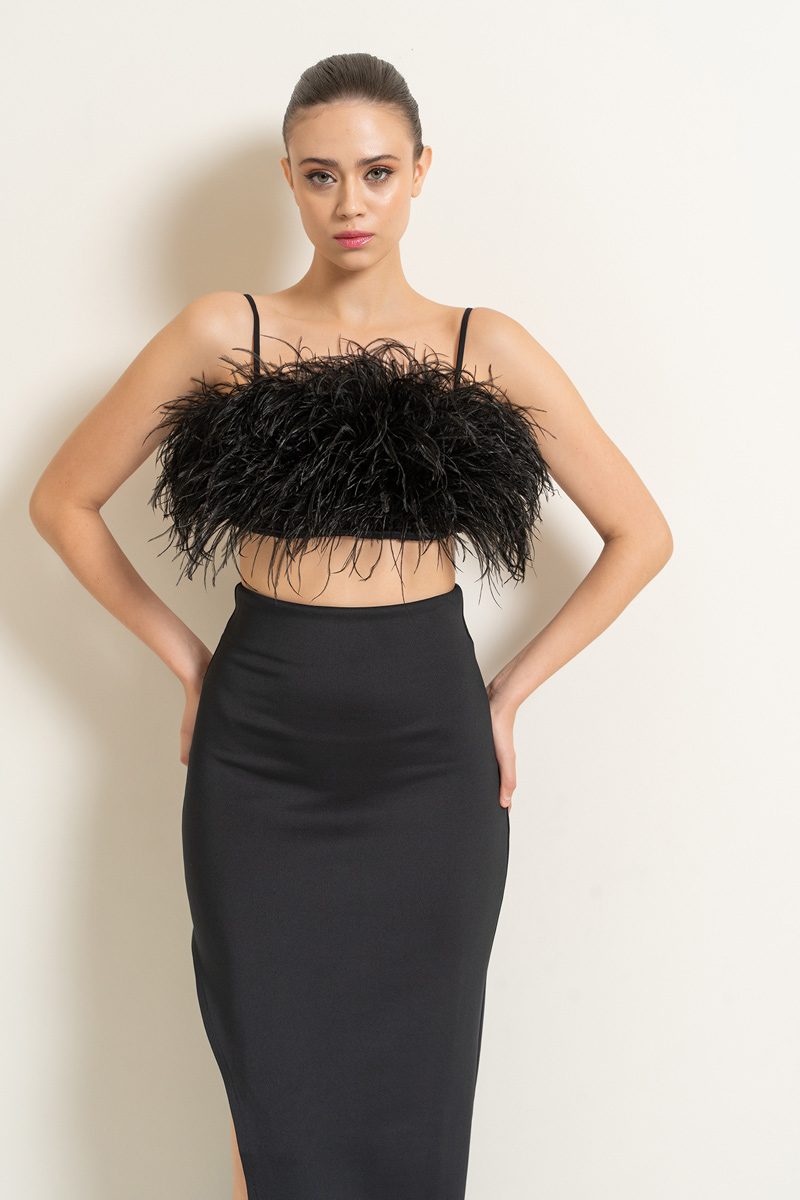 Siyah Askılı Tüylü Mini Büstiyer