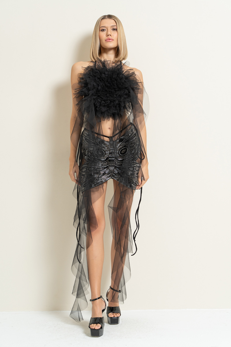 Siyah Biye Bağlamalı Güllü Saçaklı Büstiyer