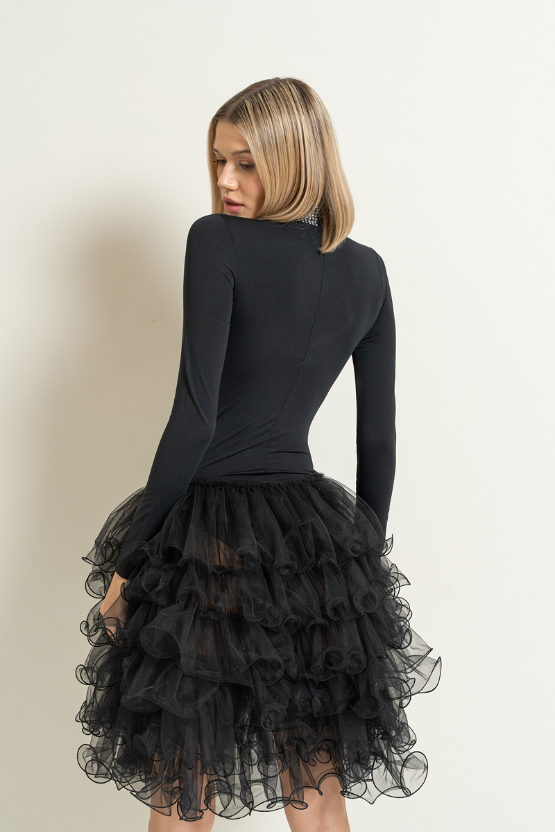 Balıkçı Yaka Siyah-Gümüş Uzun Kollu Body