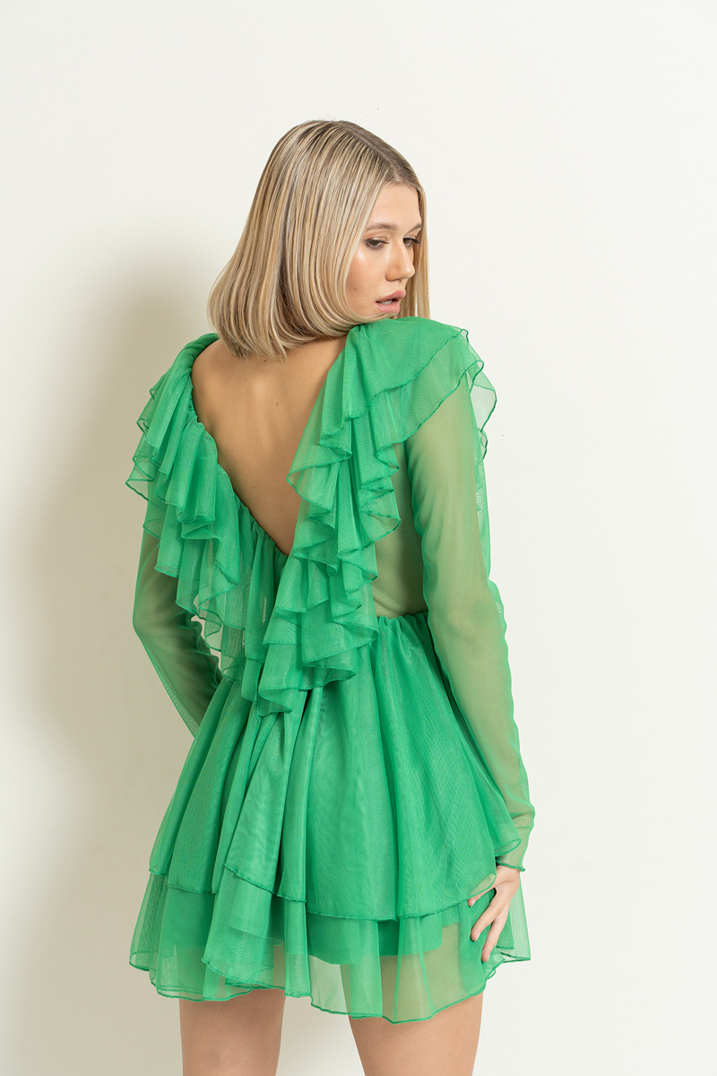 V Yaka Volanlı Kelly Green Mini Tül Elbise