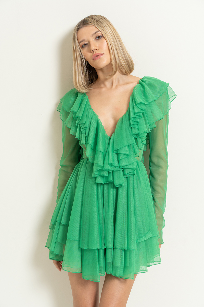 V Yaka Volanlı Kelly Green Mini Tül Elbise