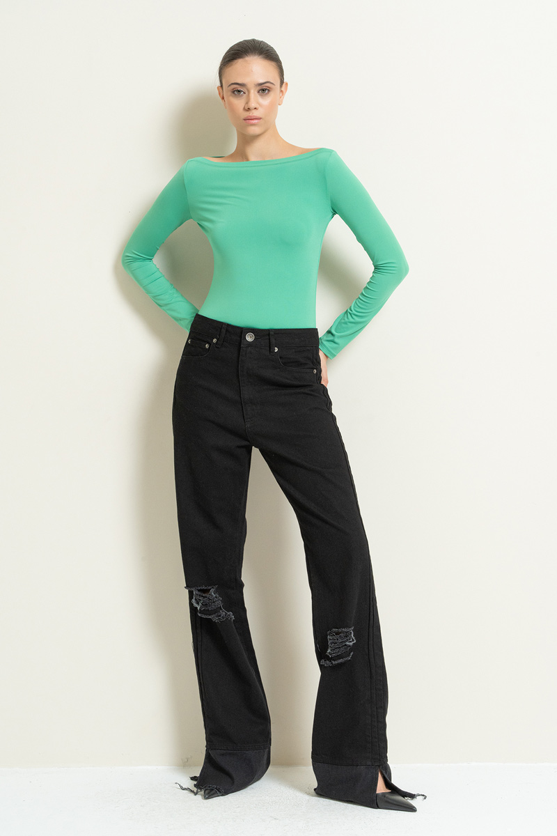 Boat Neck Long Sleeve New Green Top