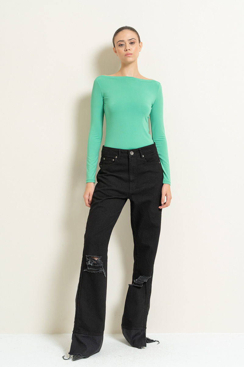 Boat Neck Long Sleeve New Green Top