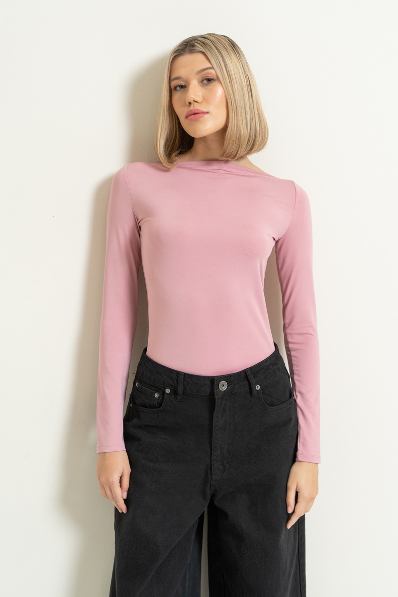 Boat Neck Long Sleeve Light Rose Top