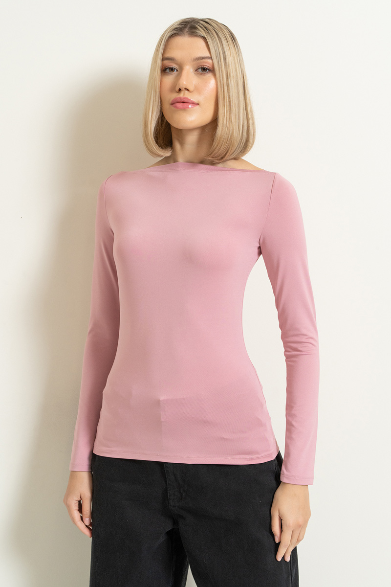 Boat Neck Long Sleeve Light Rose Top