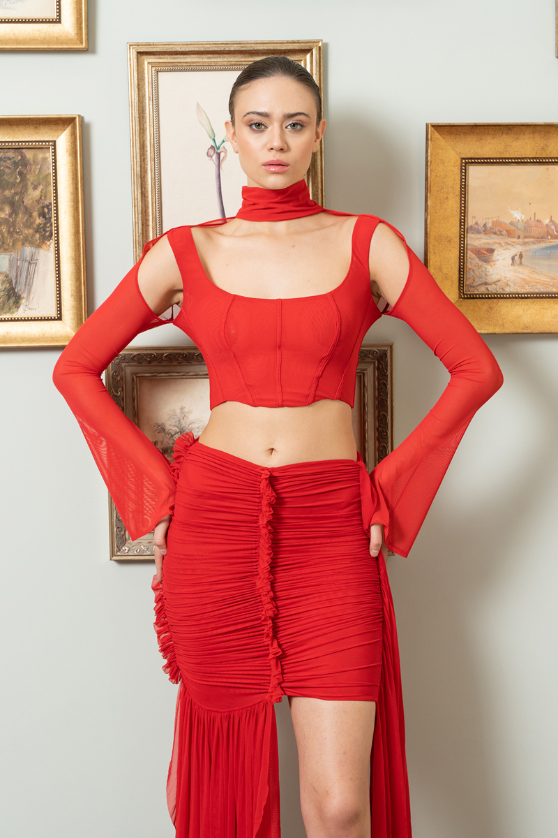 Kırmızı Mini Tül Büstiyer