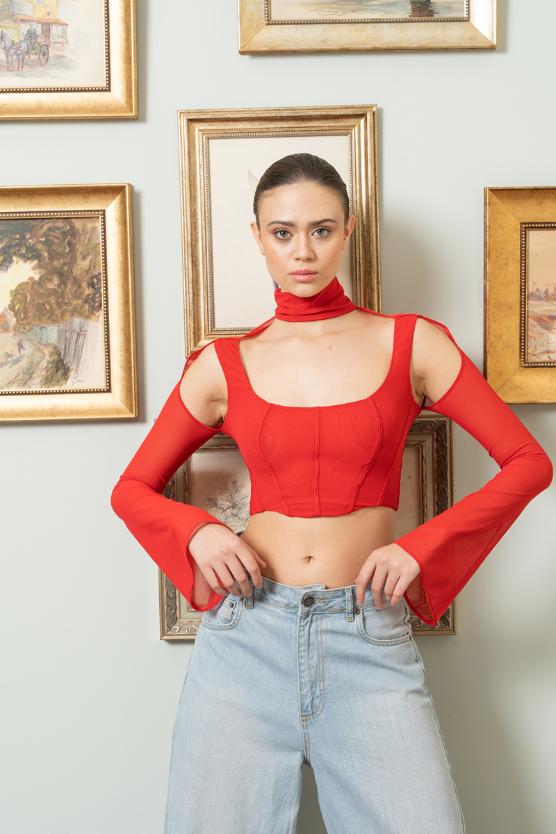 Kırmızı Mini Tül Büstiyer