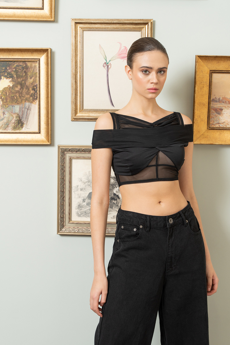 Black Ruched Mesh Double Top