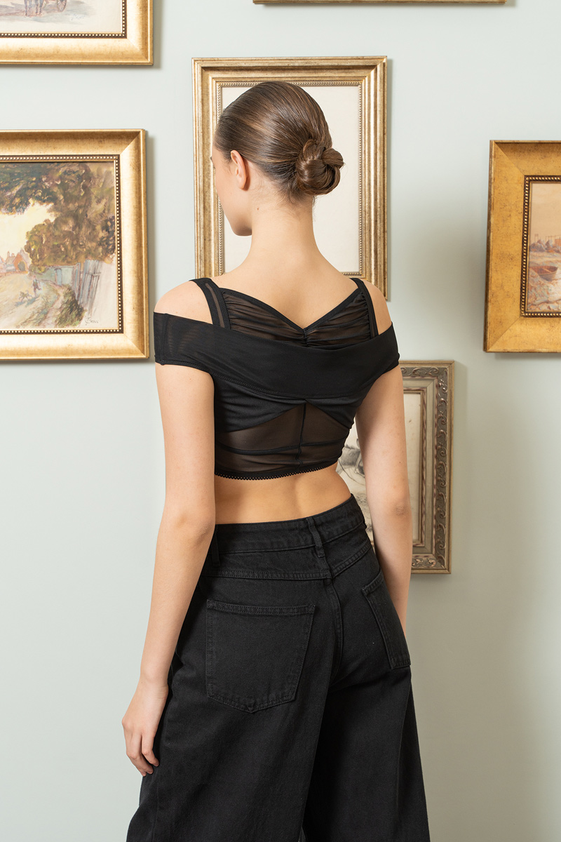 Black Ruched Mesh Double Top