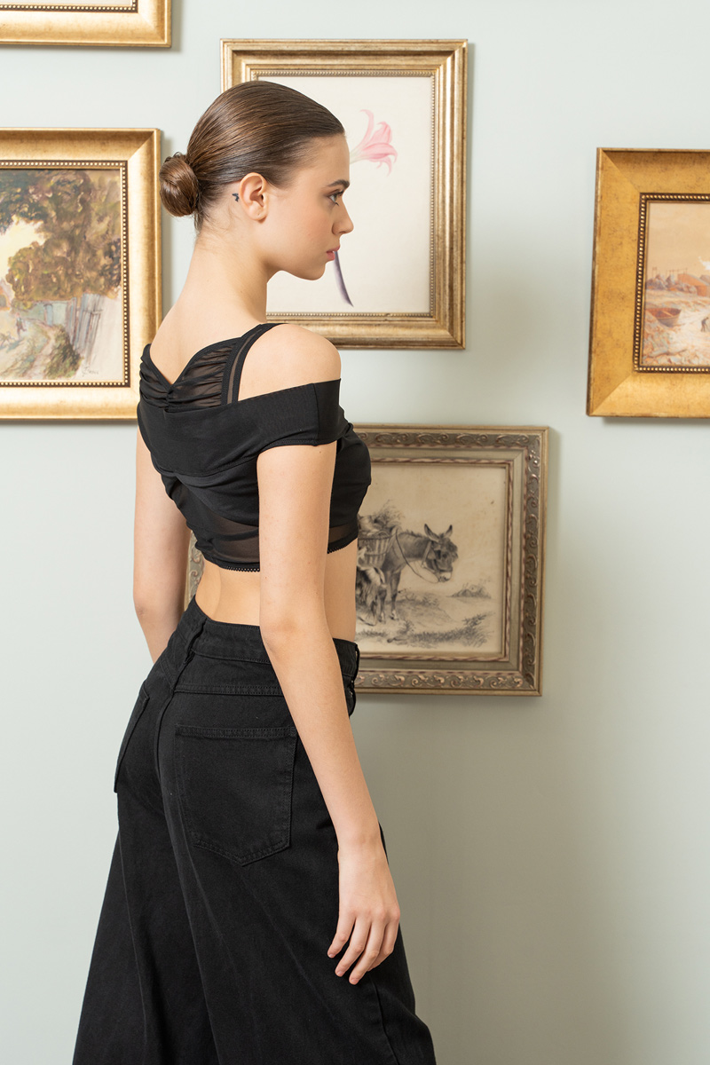 Black Ruched Mesh Double Top