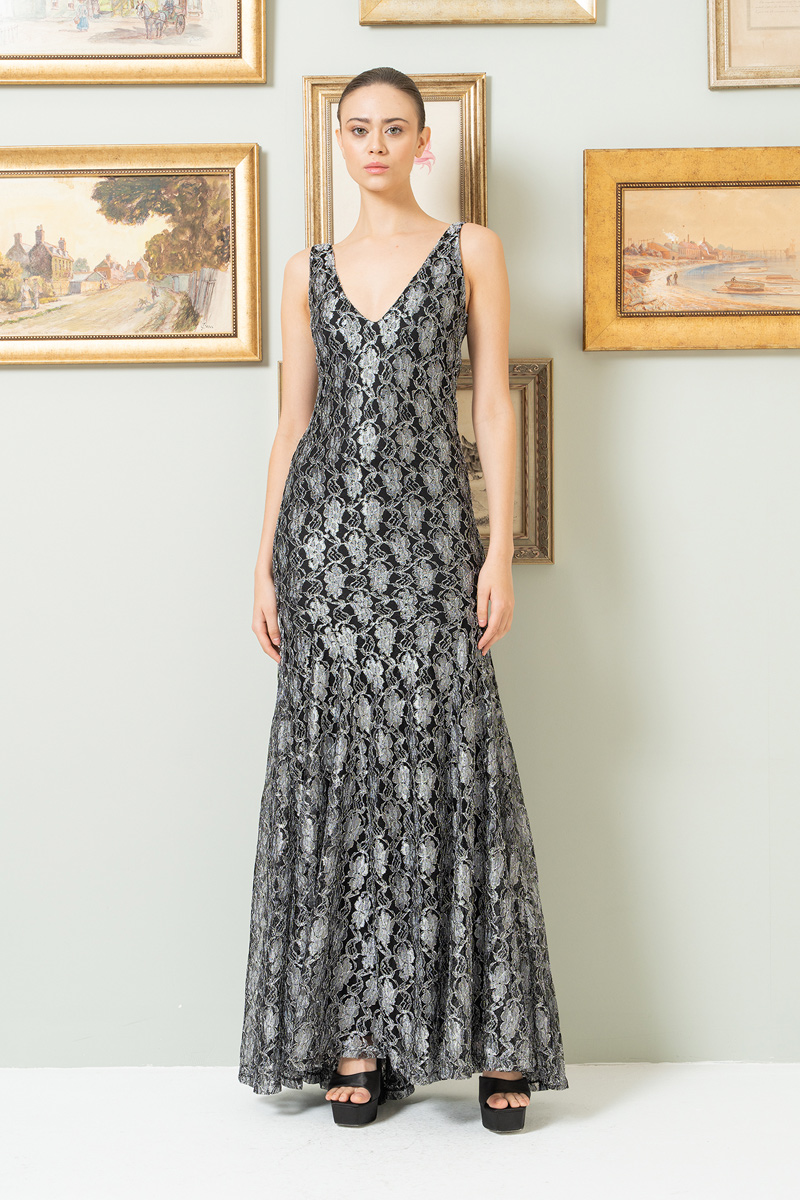 Gümüş V Yaka Uzun Balık Elbise