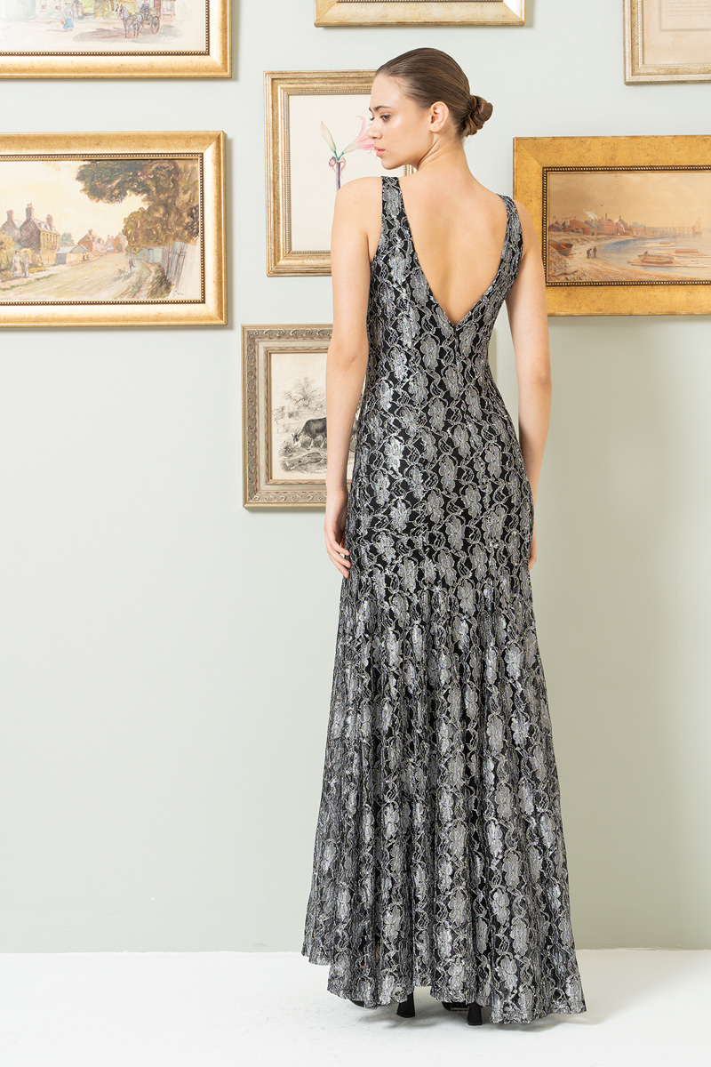 Gümüş V Yaka Uzun Balık Elbise