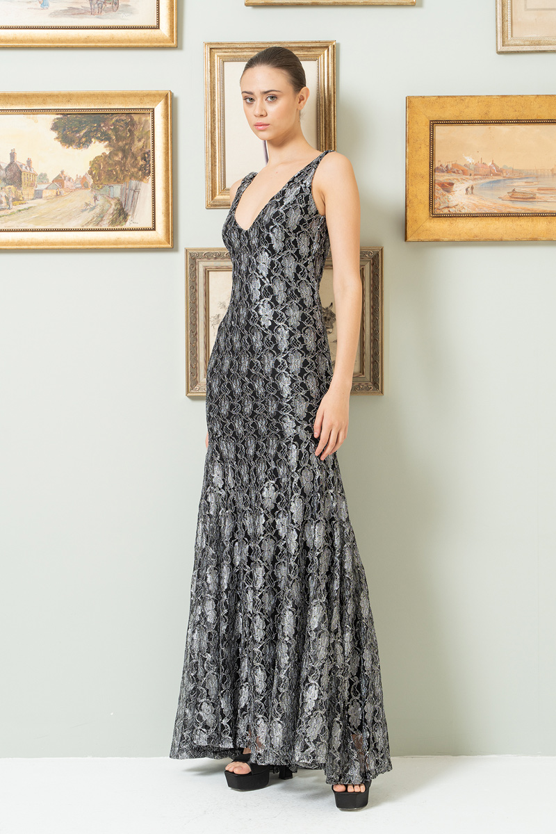 Gümüş V Yaka Uzun Balık Elbise