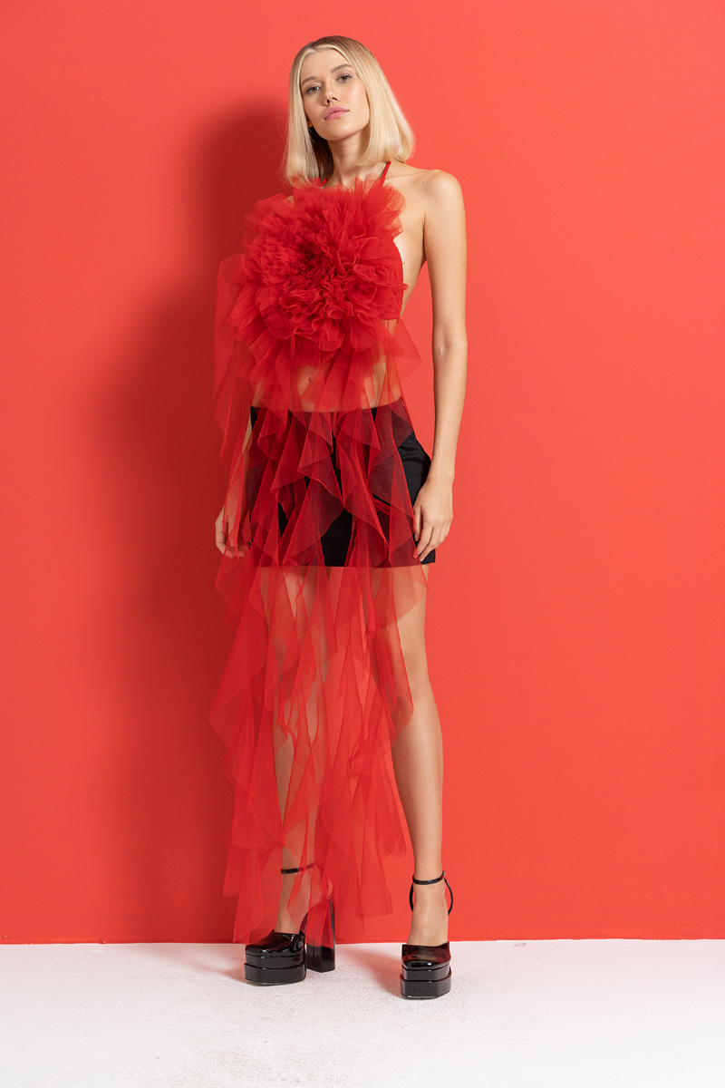 Kırmızı Fırfır Tüllü Güllü Büstiyer