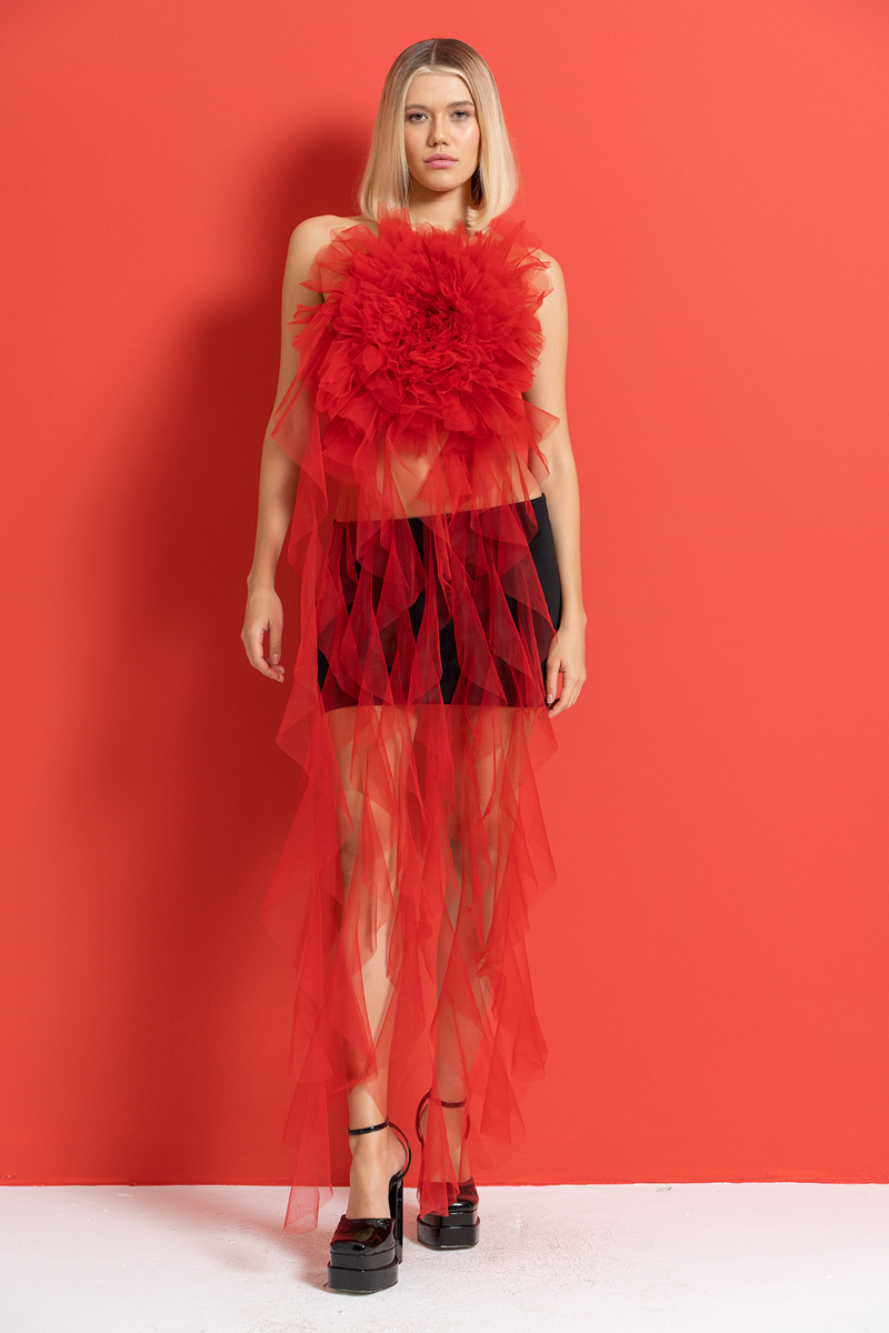 Kırmızı Fırfır Tüllü Güllü Büstiyer